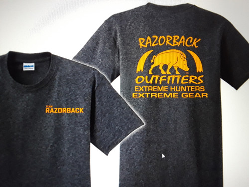 Team Razorback Outfitters Dark Heather Gray t-Shirt with Hunter Orange logos.